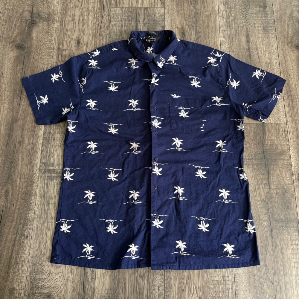 Kenny Rogers Palm Tree Shirt Mens Large Navy Blue Cotton Button Down